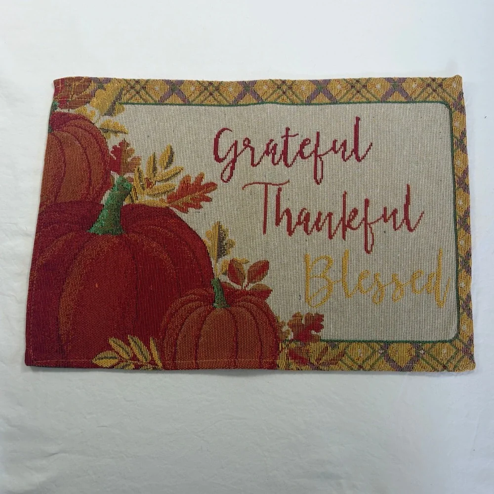 Grateful Thankful Blessed Pumpkin Tapestry Placemats Set of 4 Fall Harvest Decor